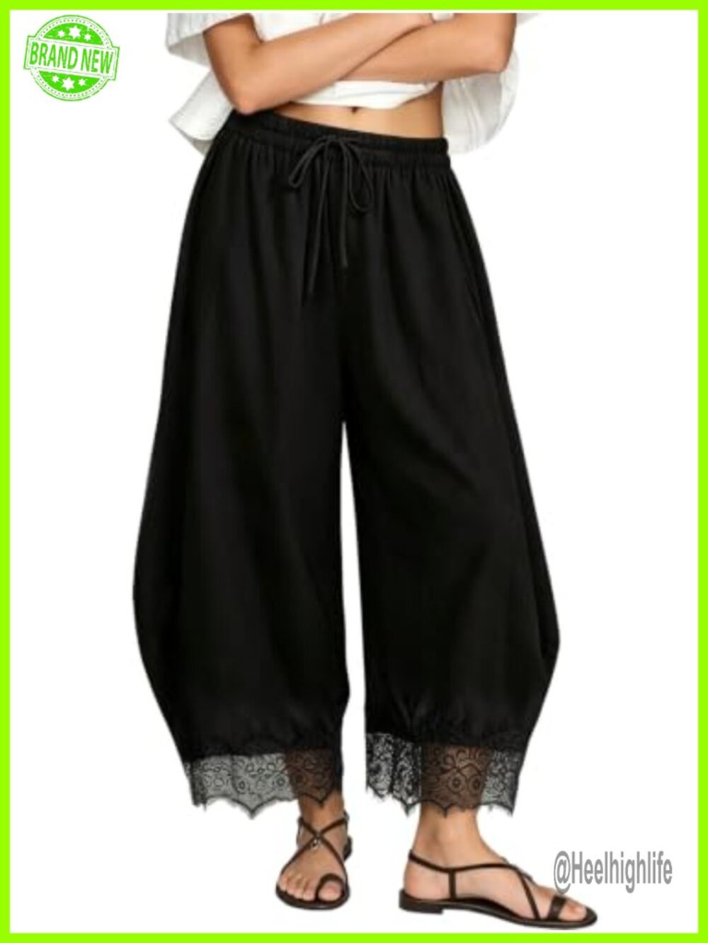 Women's Cropped Wide Leg Palazzo Pants Lace Trim Trousers with Pockets